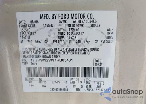 2007 Ford F-150 Xlt z USA, uszkodzony, nr VIN 1FTRW12W97KB03431